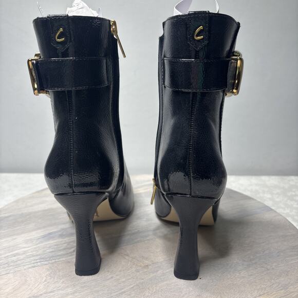 Circus by Sam Edelman Women’s Black Patent Ankle Boots Gold Buckle Zip Heel Size - Picture 5 of 9